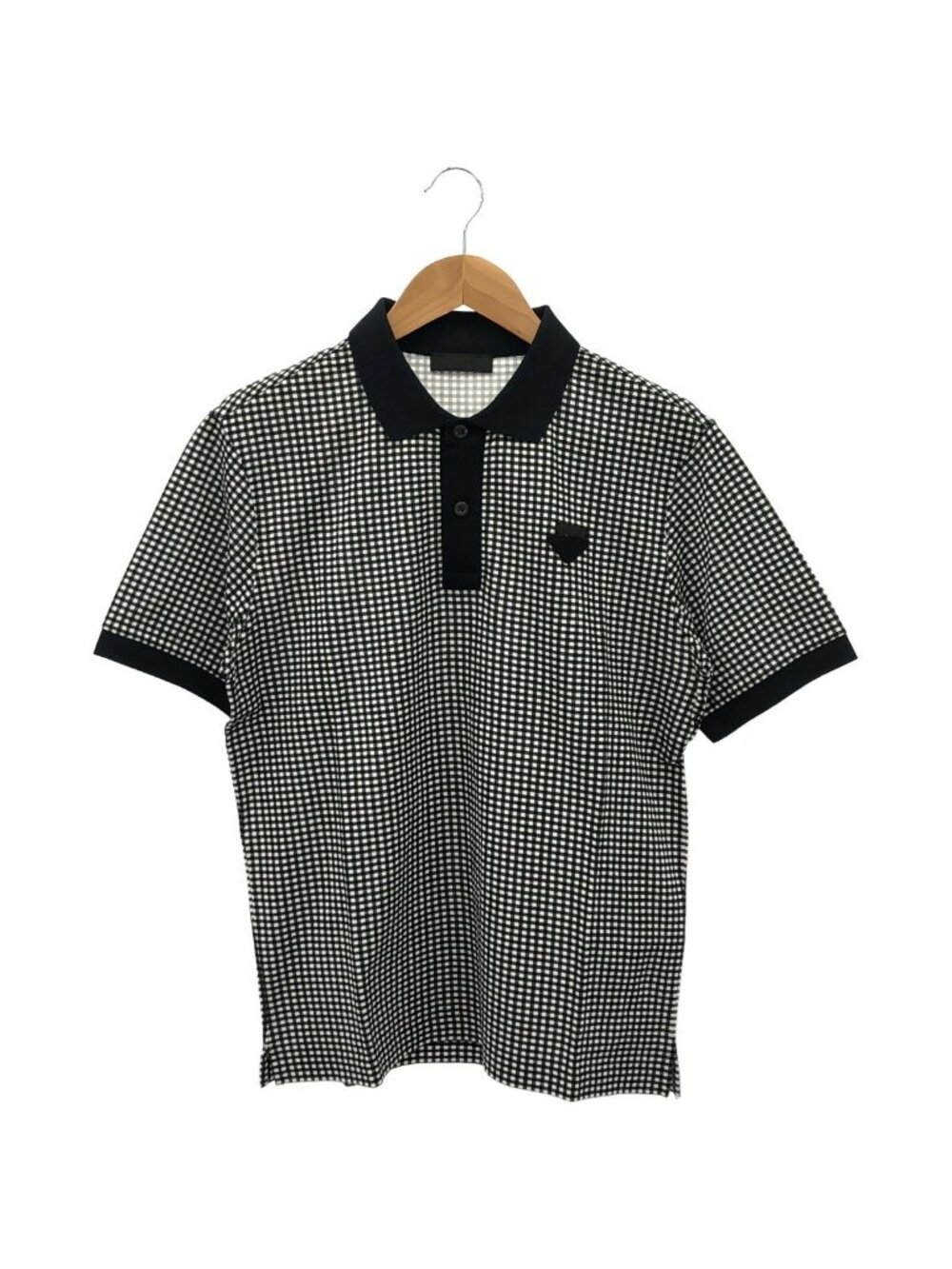 Prada Black White Gingham Check Triangle Logo Polo